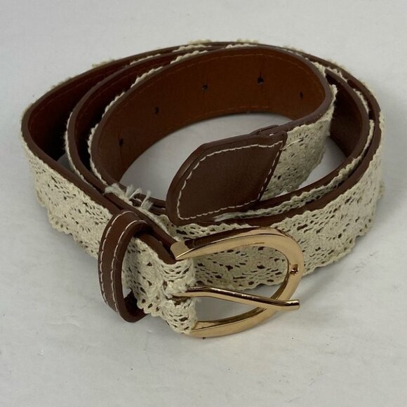 Ardene Bohemian Faux Leather Crochet‎ Lace Belt Brown Size Medium Boho White - Picture 6 of 8